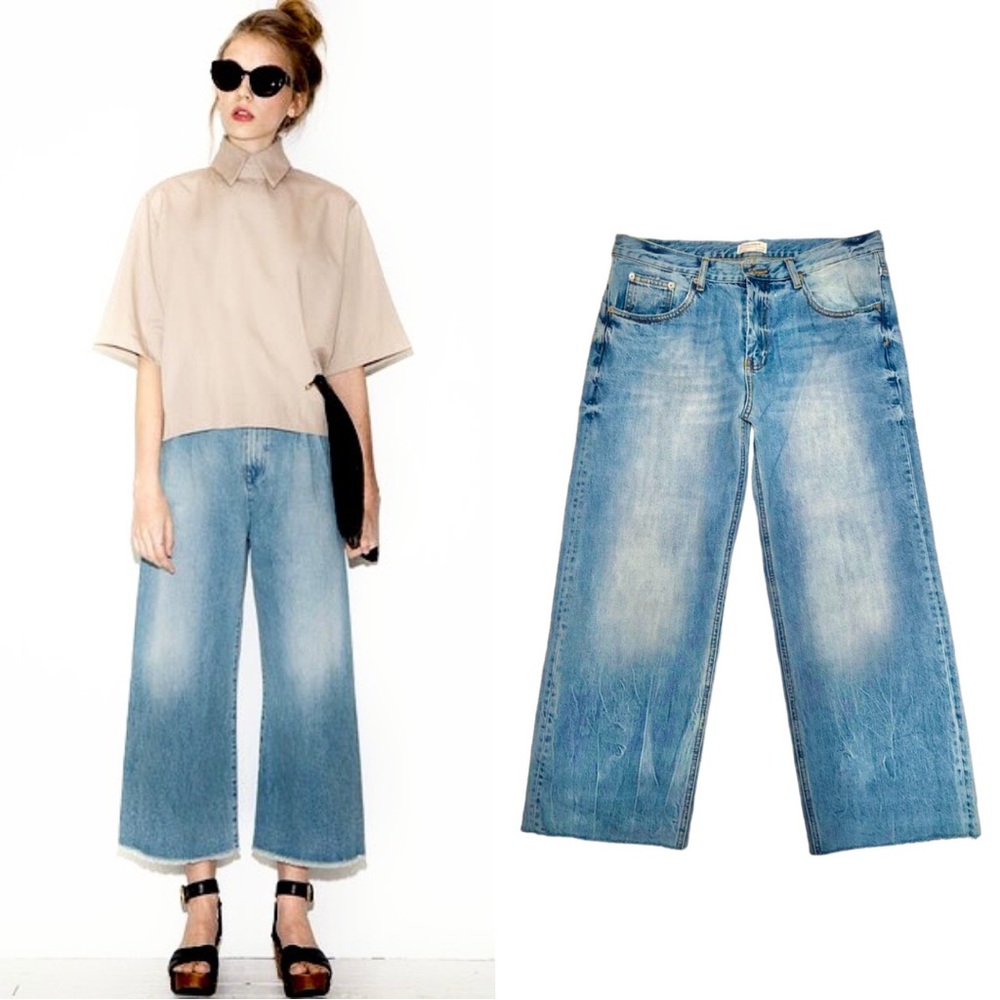 Zara Mid Rise Denim Culottes wide leg cropped jeans with frayed hem 🦋 light wash